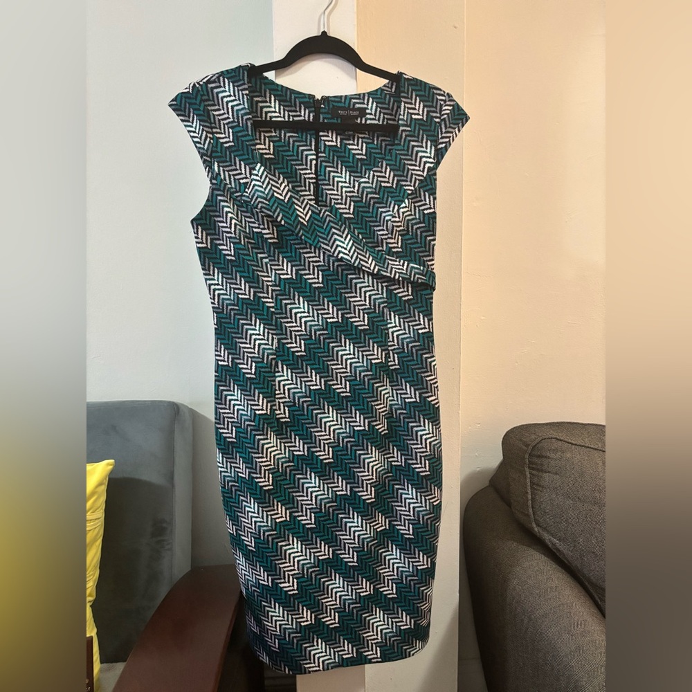 White House Black Market Teal and White Chevron Midi Dress